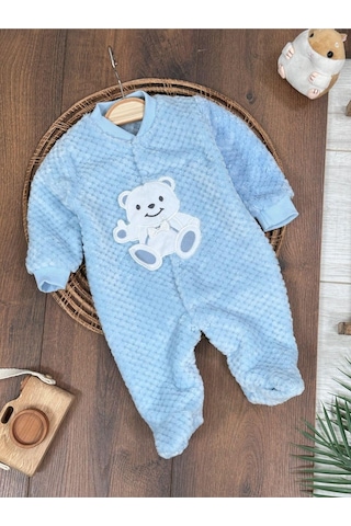 101 Dalmaçyalı Peluş Ayıcık Nakışlı Patikli Çıtçıtlı Kışlık Erkek Bebek Tulum Buz Mavi