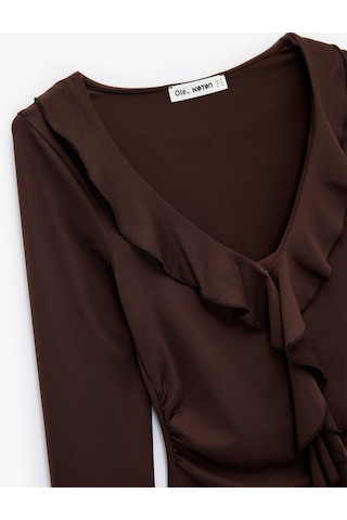 Koton Fırfır Detaylı Uzun Kollu Slim Fit V Yaka Tişört Kahverengi 6wal10543ık Kahve