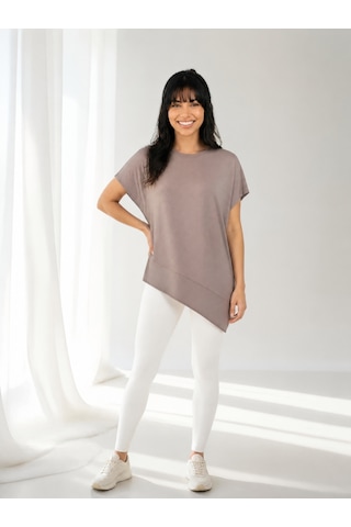 Nealirsanall.com Kadın Penye Oversize Tunik - Asimetrik Kesim Salaş Tişört Bej