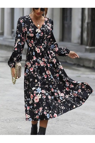 Kadın Uzun Kollu Kruvaze Yaka Beli Lastikli Yandan Yırtmaçlı Desenli Dalgıç Elbise Desenli