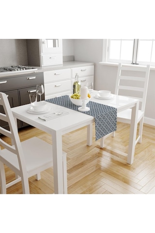 Mavi Geometrik Runner 140x45cm Ince Keten, Uluslararası Yıkama Ve Solmama Sertifikası Çok Renkli