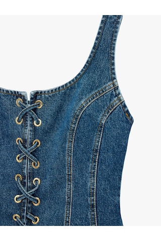 Koton Bağcık Detaylı Slim Fit Pamuklu U Yaka Kolsuz Denim Korse Bluz Koyu İndigo 7wal30010md Dark Indigo