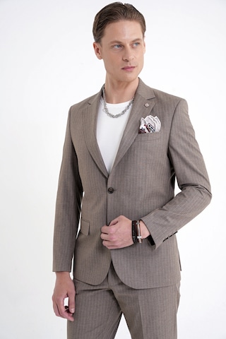 Efor Slim Fit Mono Yaka Esnek Yünlü Bej Çizgili Takım Elbise Tk 942