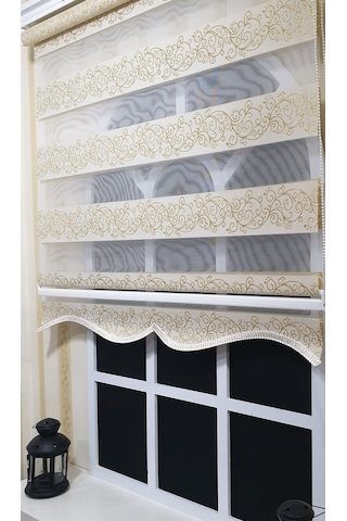 Zebra Stor Perde Sarı Sarmaşık Desen Altın Simli Etek Dilimli Stb9300 V 02