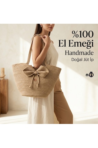 Zezedesign El Yapımı %100 Doğal Jüt İp Kadın Çantası.fiyonk Detaylı Plaj Çantası. Kadın Çantası Hasır