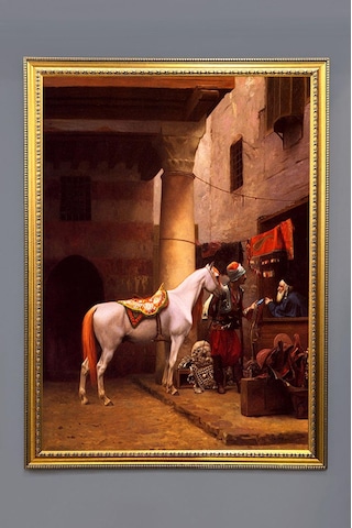 At Pazarı Desenli Dijital Baskılı Kadife Kumaş Çerçeveli Tablo Tbl0024