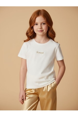 Zekids Kız Çocuk Tasarım T-shirt-17201 Ekru