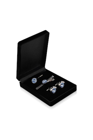 Zekupp Kol Düğmesi Kravat İğne Seti -  Buz Mavisi