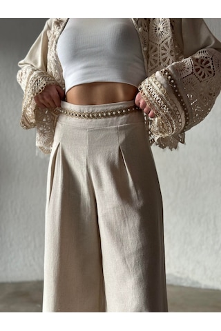 Fashion Cocktail Romantik Kore Tarzı İnci Brode İşçilikli Dantel Zarif Yelek Pantolon Ham Keten Bohem Takım Bej