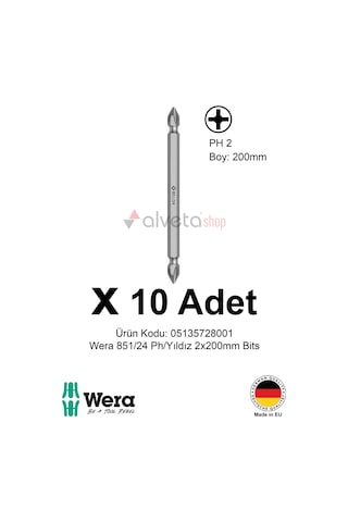 Alveta Wera 851/24 Ph2 X 200mm Tornavida Ucu 10 Adet Yıldız Vidalama Bits Seti Profesyonel Seri