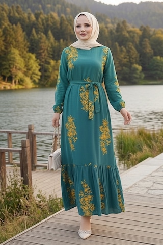 Bestenur Noyra Desenli Viskon Elbise 1722 - Yeşil