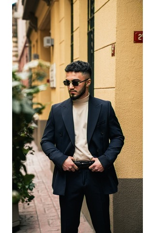 Dupont Classics Dupont Erkek Slim Fit 6 Drop Kruvaze Sivri Yaka Çift Yırtmaç Takım Elbise Lacivert