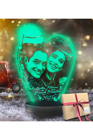 Yılbaşı Hediyesi Kişiye Özel Noel Baba Şapkalı Kalp 3d Led Gece L