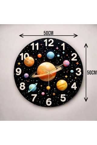 Renkli Baskı Gezegen Ve Uzay Desenli Sayılı Hediyelik Ahşap Sessiz Çocuk Duvar Saati 50cm ÇOk Renkli
