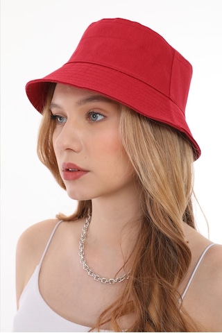 Kadın Balıkçı Kırmızı Kova Bucket Şapka Kırmızı
