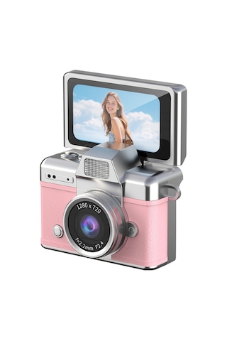 Cepaks Lk-027 Pembe Retro Mini Dijital Fotoğraf Makinesi Hd Video, Katlanabilir Ekranlı 48 Mp Flaşlı
