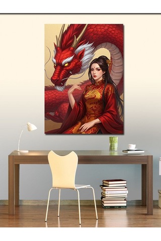 Kanvas Tablo Ejderha Ve Kırmızı Elbiseli Kadın 50cmx70cm