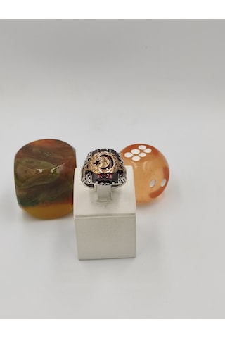 Kırmızı Kehribar Taşlı Ayyıldız 925 Ayar 24 Mm 14,50 G. Erkek Yüzüğü Kırmızı