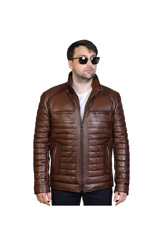 Derije Hakiki Deri Erkek Kahverengi Şişme Mont Kahverengi