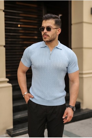 Veraura Lifestyle Erkek Örgü Desen Fermuar Yakalı Triko Tişört Bebe Mavisi