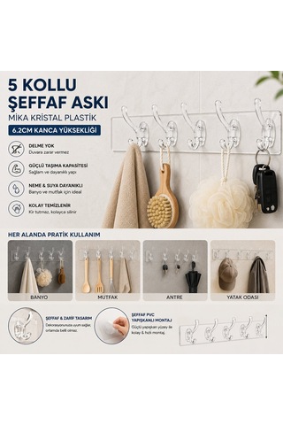 Baysa-136 5 Kollu Mika Kristal Şeffaf Askı 6.4x29.3 Cm - Yapışkanlı Montaj- 30'li Paket