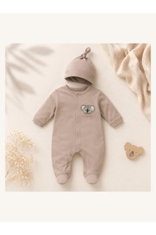 Ferasty İstanbul Unisex Bebek Tulum Koala Nakışlı Şapkalı Açık Kahverengi