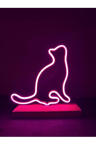 Kedi Figürlü Pembe Neon Gece Lambası Çok Renkli