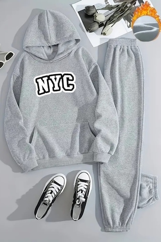 Unisex Nyc Baskılı Kapüşonlu Gri Eşofman Takımı - Kışlık Şardonlu Kumaş Gri