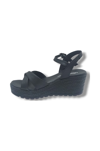 Şanzelize K302-26 Cilt Çapraz Bant Dolgu Taban Kadın Sandalet Siyah