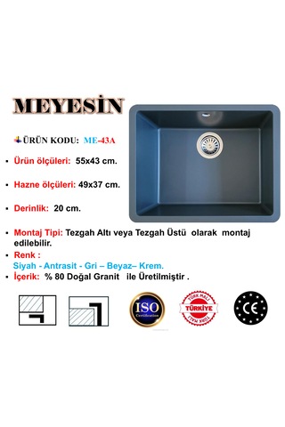 Meyesin ME-43A Tezgah Altı Granit Mutfak Eviyesi Antrasit 43 x 55 CM