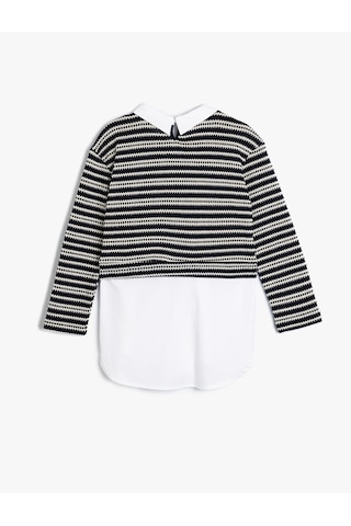 Koton Gömlek Detaylı Sweatshirt Çift Kumaş Detaylı Lacivert Çizgili 5wkg10350ak 7s2