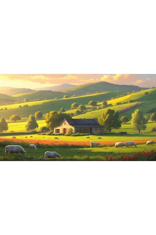 Doğa Ve Manzara Yatay Küçük Çiftlik Evi Yeşil Tepeler, Çiçek Açmış Tarlalar Doğa Ve Huzur 01 Çerçevesiz 90x60cm Pvc Tablo
