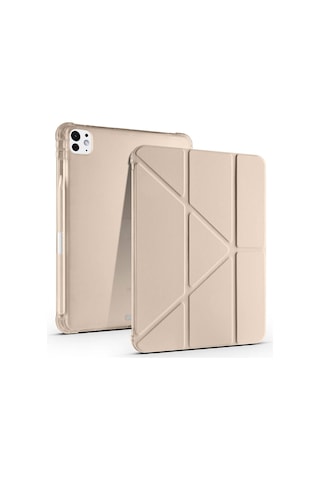 Apple Uyumlu iPad Pro 11 2025 M5 Kılıf Mkst Tri Folding Kalem Bölmeli Standlı Kılıf - Gold Tablet Kılıfı