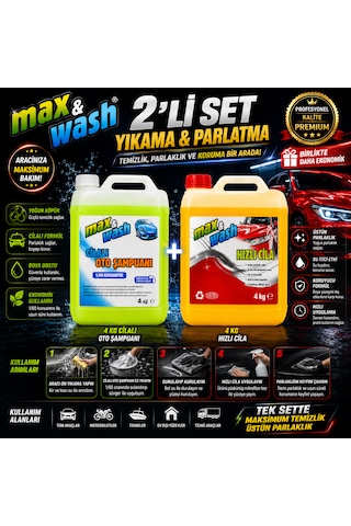 Max&wash 2'li Profesyonel Araç Bakım Seti 4 Kg Cilalı Oto Şampuan + 4 Kg Hızlı Cila Parlaklık, Koruma Ve Güçlü Temizlik