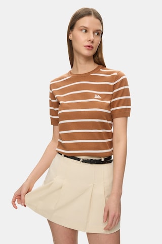 Ucla Mısha Kahve Çizgili Bisiklet Yaka Triko Nakışlı %100 Pamuk Standard Fit Kadın Tshirt Kahverengi