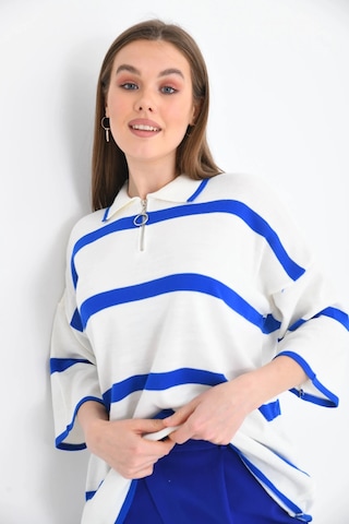 Polo Yaka Fermuarlı Çizgili Salaş Mevsimlik Trko Kazak Saks Saks Mavisi