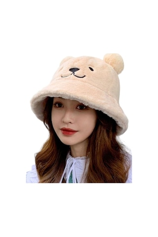 Uniquetrenders Kadın Sevimli Ayı Kulak Peluş Bucket Şapka Bej