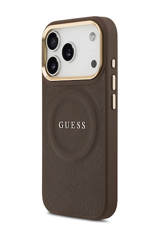 Apple Uyumlu iPhone 17 Pro Kılıf Guess Lisanslı M-safeli Sıcak Baskı Yazı Logolu Pu Deri Peony Kahverengi Kahverengi