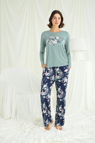 Mega Fair Çiçek Ve Yaprak Desenli Baskılı Pijama Takımı Yeşil