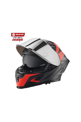 Scoyco FF-871 Gri Camlı Debris Güneş Vizörlü Kapalı Kask Mat Kırmızı - Siyah