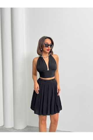 Kadın Modal Dokulu Piliseli Şortlu Mini Etek Siyah