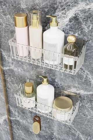 Banyor Yapışkanlı Banyo Rafı, 2'li Banyo Düzenleyici Organizer Banyo Duş Rafı Şampuanlık, Plstik Açık Ahşap