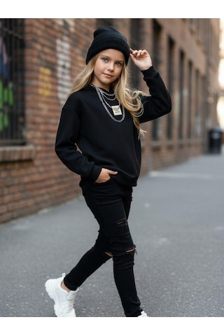Kız Çocuk File Detaylı Kapüşonlu Sweatshirt-16680 Siyah