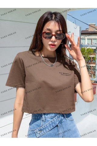 Noıssey Do What Baskılı Crop Oversize Kalıp Unisex T-shirt Kahverengi