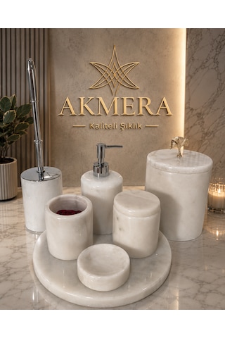 Akmera Elite 7 Parça %100 Gerçek Mermer Banyo Seti Beyaz - Gri
