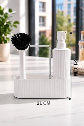 Mutfak Lavabo Düzenleyici Sıvı Sabunluk Ve Fırça Seti Beyaz Organizer