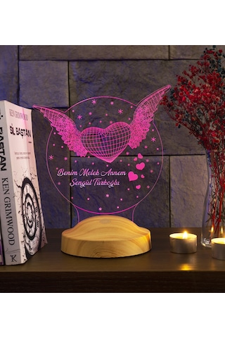 3D Led Lamba 3Boyutlu Melek Annem Kanatlı Kalp Kişiye Özel Hediye
