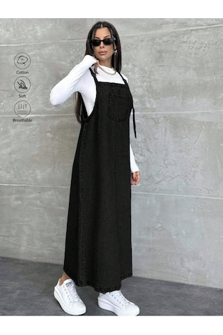 Shevega Kadın Uzun Siyah Bahçivan Askili Elbise Siyah