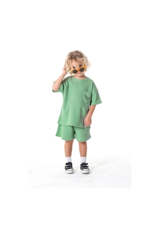 Miniko Kids Laciel Paris Baskılı Gofre Cep Detaylı Şortlu Pamuk Takım Yeşil