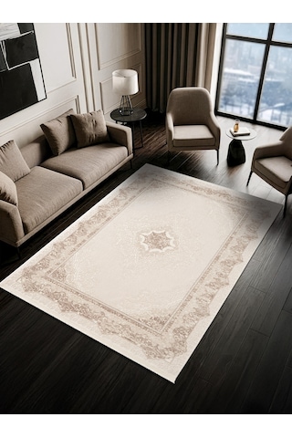 Look Classıc Lk004g Çerçeveli Krem Klasik Desen Akrilik Dokuma Taban Tozuaz Oturma Odası Halısı-1032 Krem